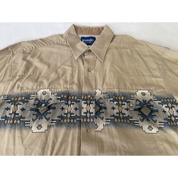 Vintage Wrangler Men's XL Beige Short Sleeve Pearl Snap Aztec Southwest Shirt - Picture 8 of 9